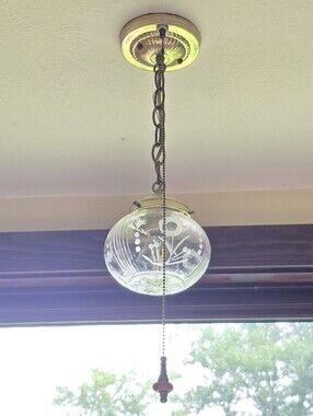 Vintage Glass Pendant Light - Clear Etched Glass with Brass Tone Canopy